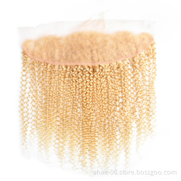 Allrun factory wholesale good quality mongolian kinky curly hair 613 lace closure frontal